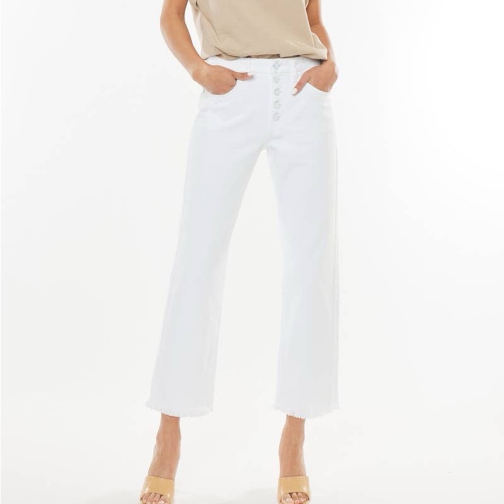 Button Fly High Rise Cropped Straight Leg Jeans by Kan Can 144635